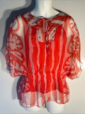 C.O.C. SZ 2XL Red & White Abstract Stripe Sheer Peasant Blouse 80's Retro Disco